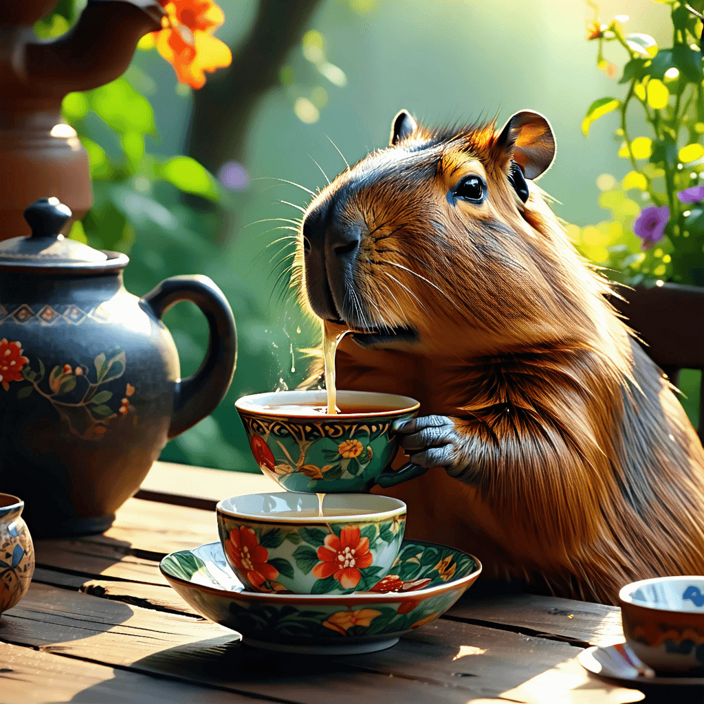 AI generated: A capybara drinking hot mate tea (a traditional infusion), Comic Book, Lens Flare, 2D, Sitting in a ...