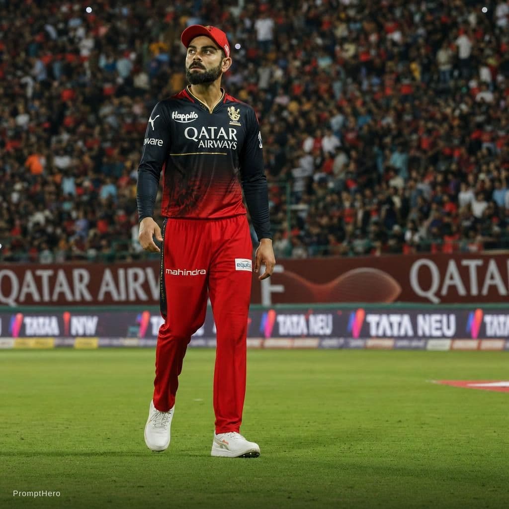 AI generated: Realistic HD cricket ground with RCB jersey .
