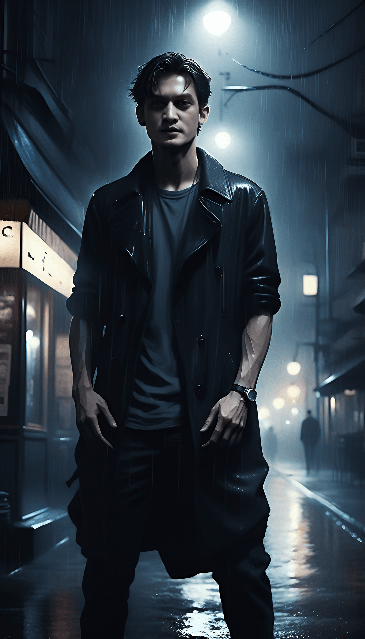 AI generated: digital painting meets analog film, a gorgeous man posting in the street, noir style, anime style, h...