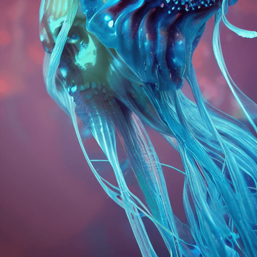 AI generated: goddess close-up portrait ribcagel. jellyfish phoenix head, nautilus, orchid, skull, betta fish, bio...