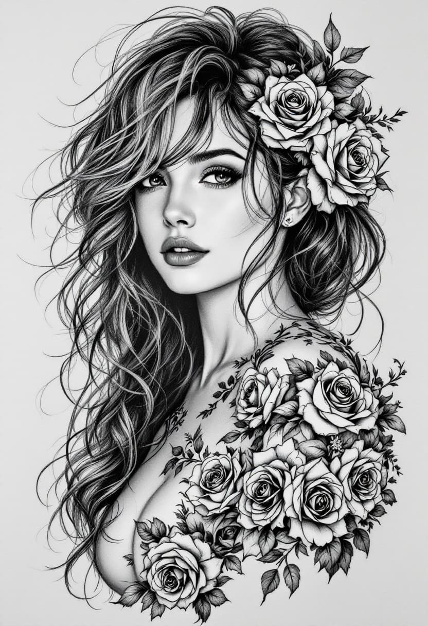 AI generated: Pencil drawing, black and white, pencil strokes, all covered with graphite strokes, calm and confide...