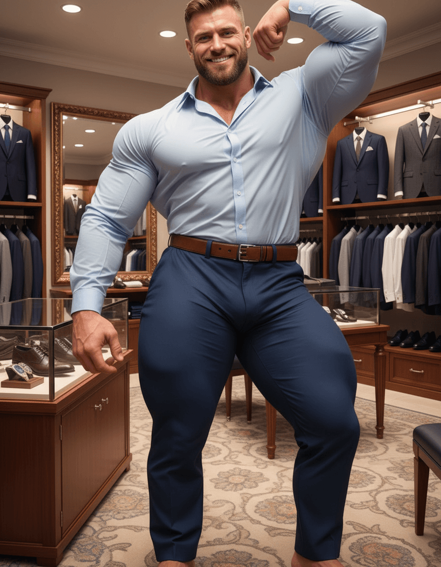 AI generated: At a very luxurious men's clothing store, the bodybuilder is white male, 6 feet 4 inches tall, he ha...