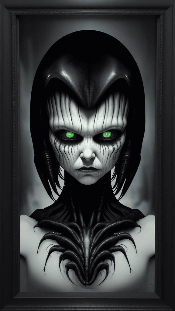 AI generated: "Eerie-inducing Xenomorph RFKTR-style headshot framed((club card)):2.2 featuring H.R. Giger's master...