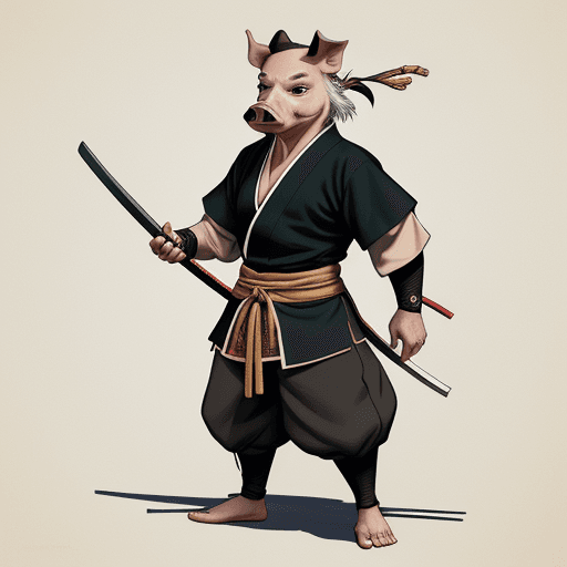 AI generated: art work by Stan Sakai, anthropomorphic WILD PIG samurai, young male