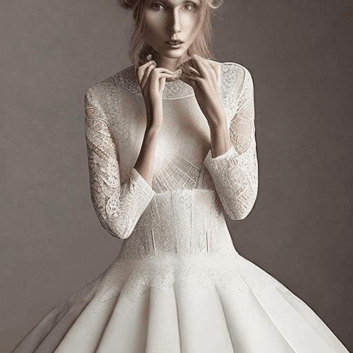 AI generated: Craft a high-fashion wedding dress merging vintage lace with modern geometric shapes. Fashion Design...