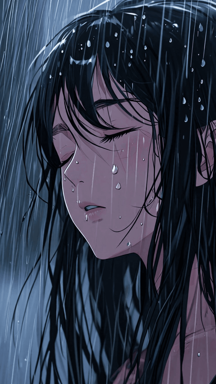 AI generated: Candid 2d anime of a woman with long black hair, eyes closed, standing in the rain, raindrops visibl...