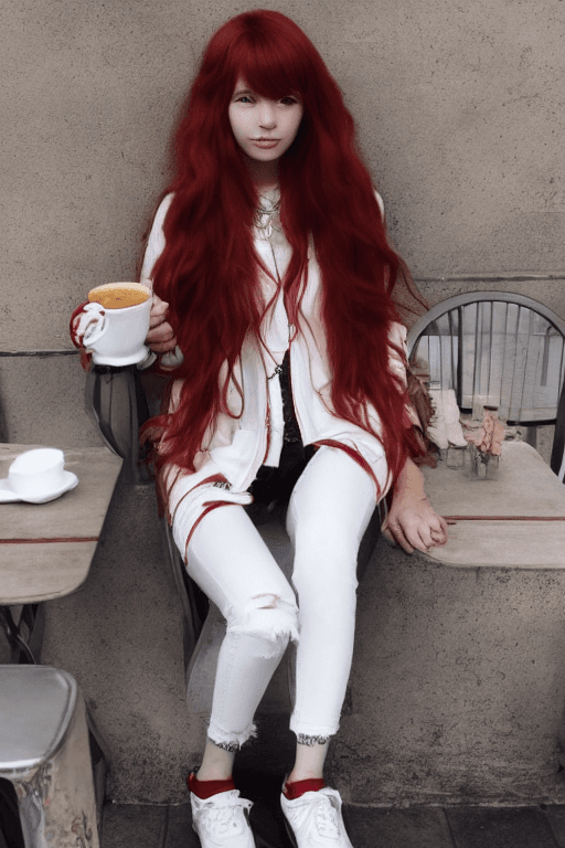 AI generated: Anime style, a good-looking girl with stunning long red hair, sitting gracefully in a bustling cafe....
