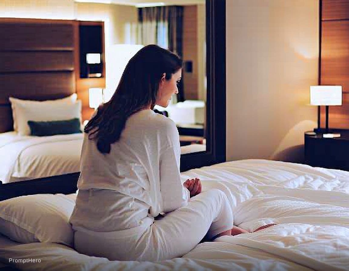 AI generated: { "scene": { "setting": "Modern hotel room", "background_details": { "furniture": "Large neatly-made...