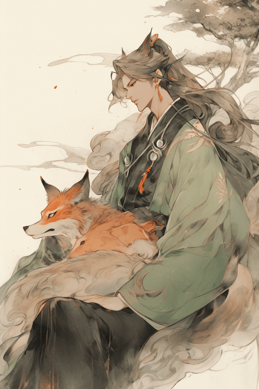 AI generated: Fox turns into a handsome man, traditional Chinese painting, low saturation, ink painting, local clo...