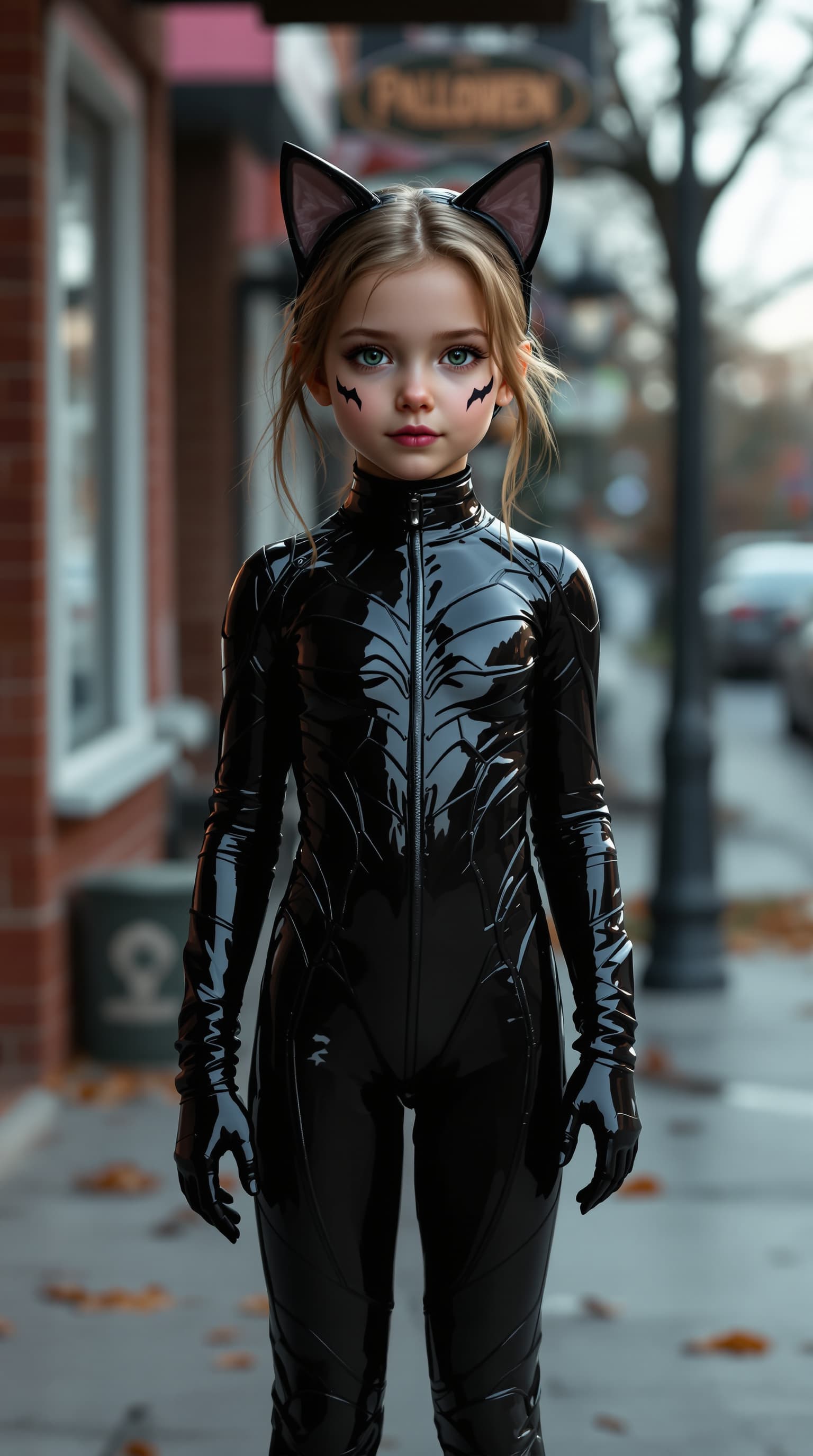 AI generated: A hyper-realistic depiction of a eleven year old girl, dressed im a Black Cat Halloween bodysuit Cos...