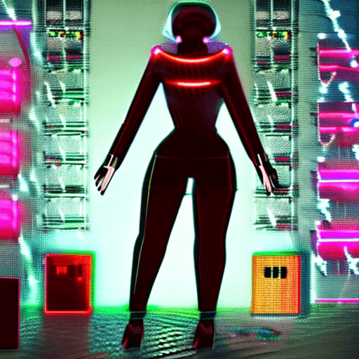 AI generated: A captivating humanoid female android, with a futuristic look, accessing a massive data vault surrou...