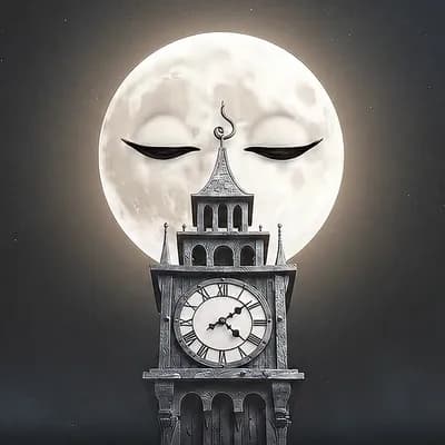 AI generated video: The blinking moon transforms into a ghostly face — the Moon Spirit. Its eyes open, shedding silver t...