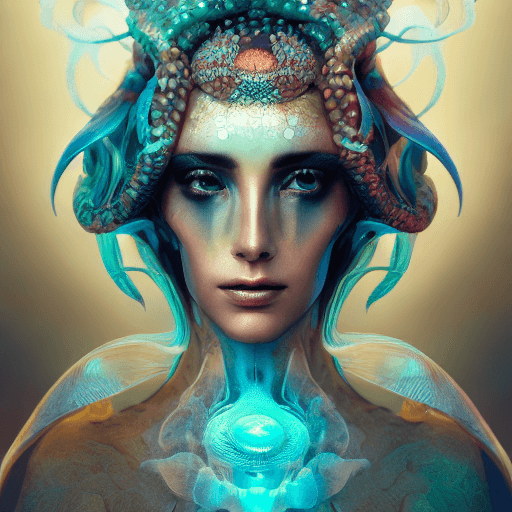 AI generated: Goddess close-up portrait ribcagel. jellyfish phoenix head, nautilus, orchid, skull, betta fish, bio...