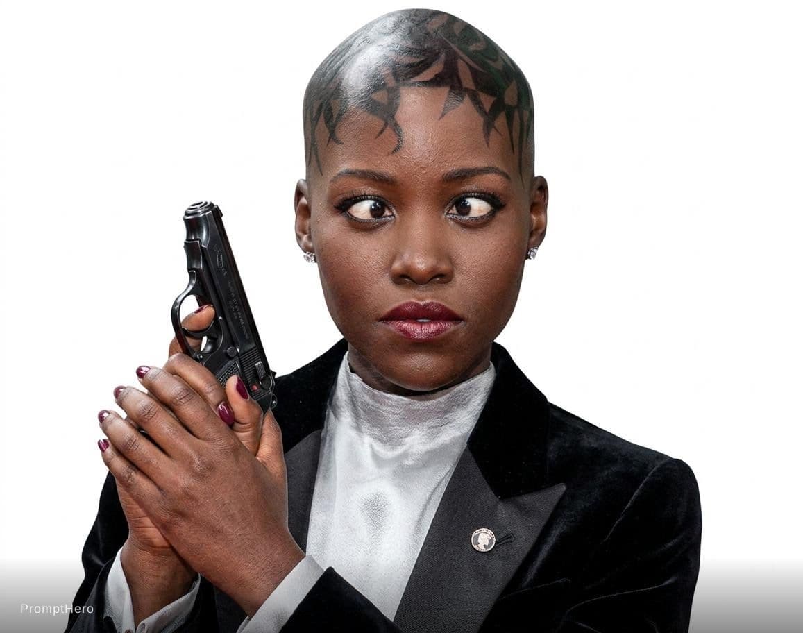 AI generated: Cross the eyes, posing like James Bond in tuxedo with gun