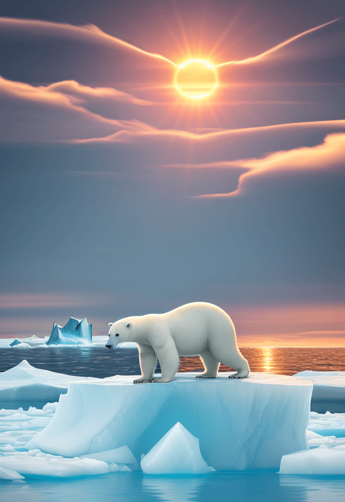 AI generated: a polar BEAR on an iceberg=, in front of floating pollution, plastic waste from floating bottles ins...