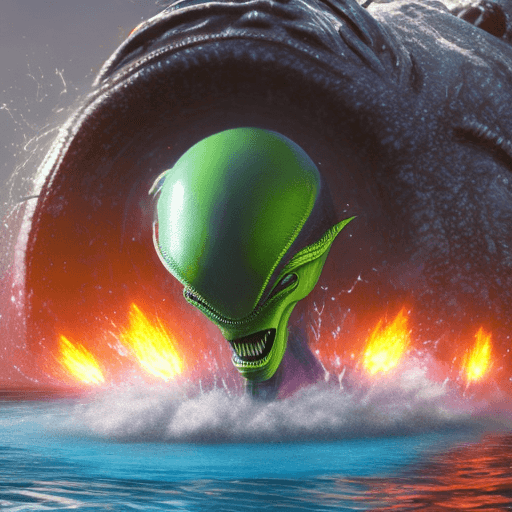 AI generated: alien race, water living, explosion in background