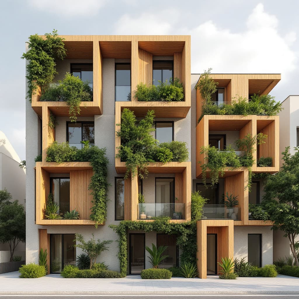 AI generated: An athenian block of buildings in Greece where there are vertical wooden panels imitating trees form...