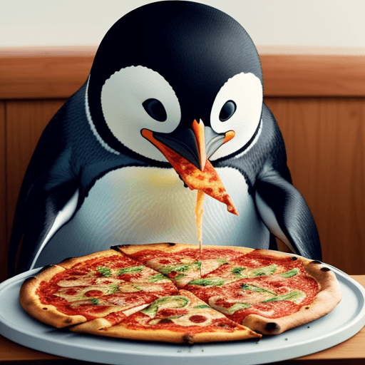 AI generated: penguin eating 
pizza