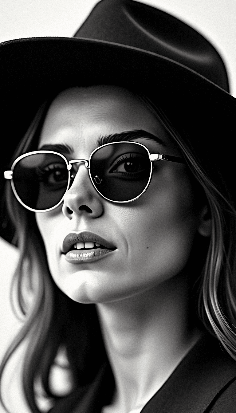 AI generated: Black and white close-up portrait of a woman wearing round sunglasses and a wide-brimmed hat, exudin...