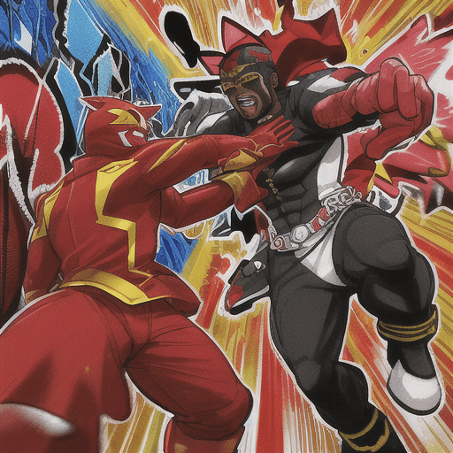AI generated: a blackman in a red and yellow superhero suit  fighting a white man in a dog superhero suit, in fron...