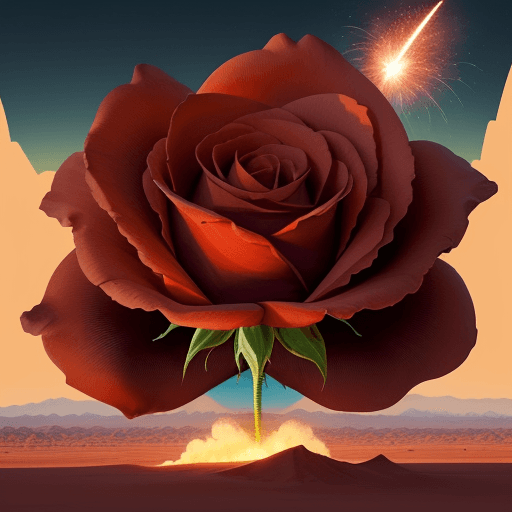 AI generated: A image of a massive explosion resembling a giant rose blooming in the   desert. The explosion start...