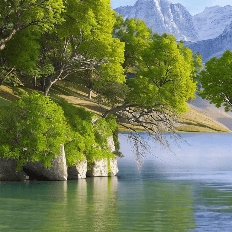AI generated: photorealistic oil on canvas, 
trees by a river and hill,
beautiful setting, spring
Foreground,
unre...