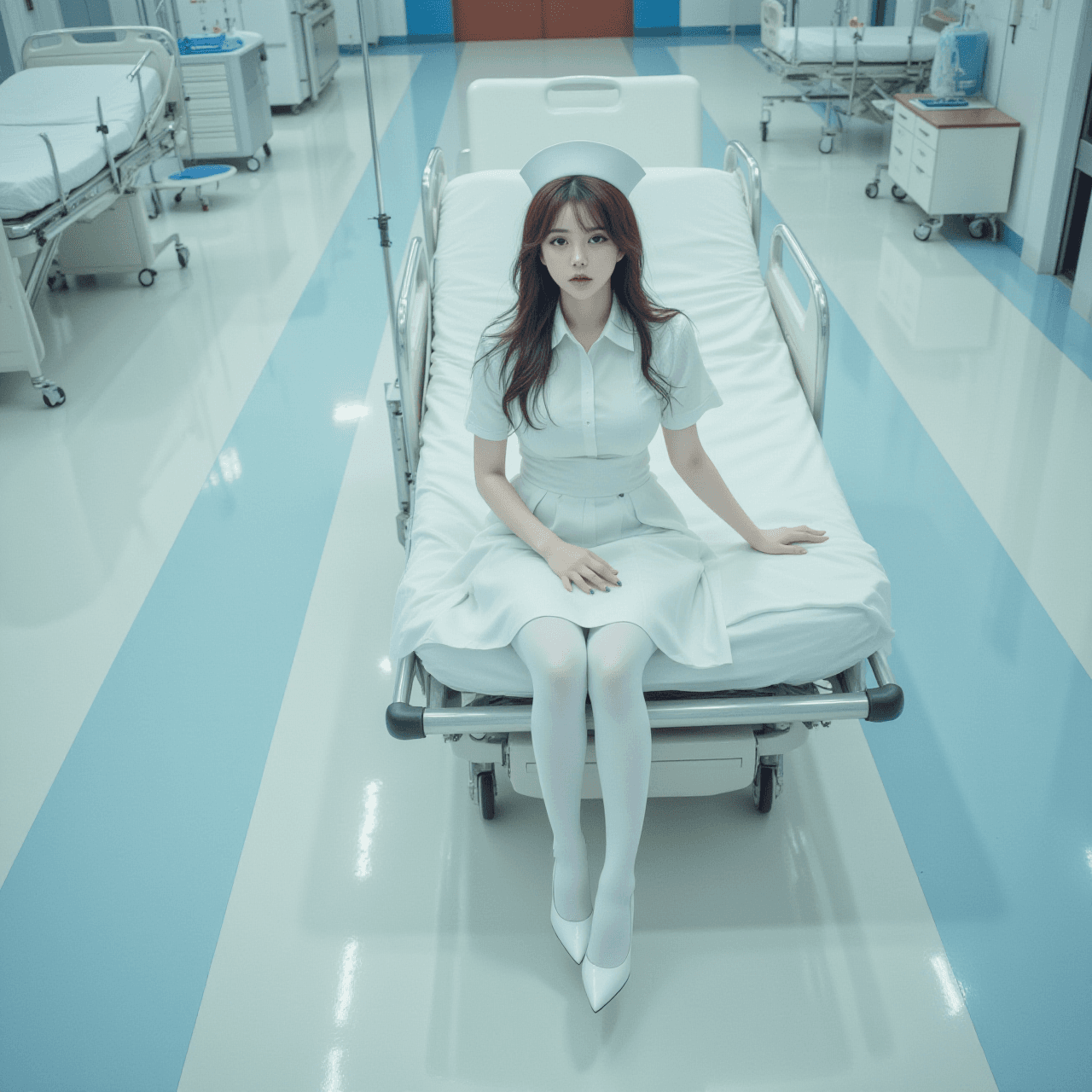 AI generated: An extreme high-angle shot, captures a full view of a woman in a stylized korean nurse's uniform sit...