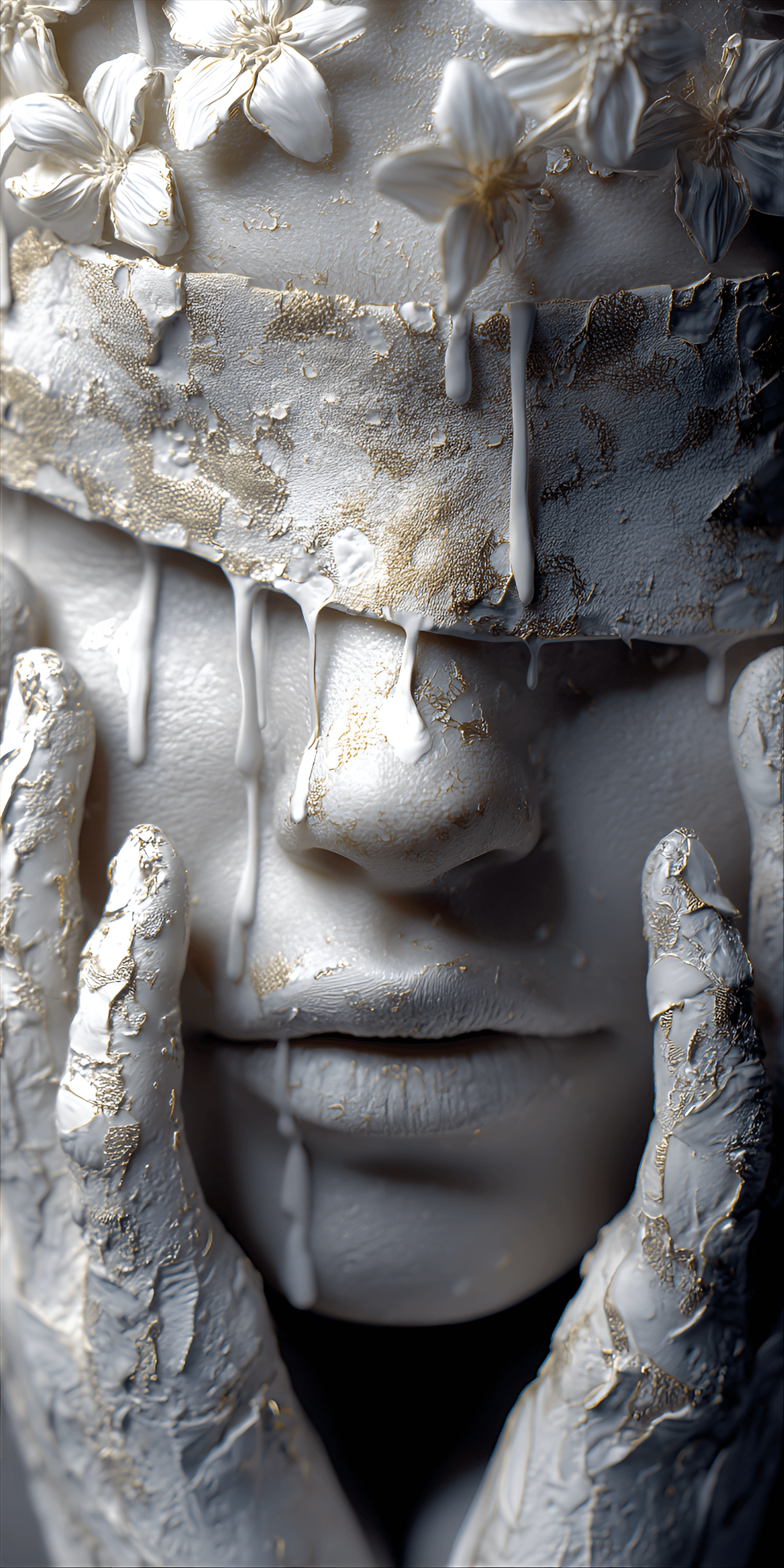 AI generated: woman's face, partially obscured by a mask made of textured white material resembling clay or plaste...
