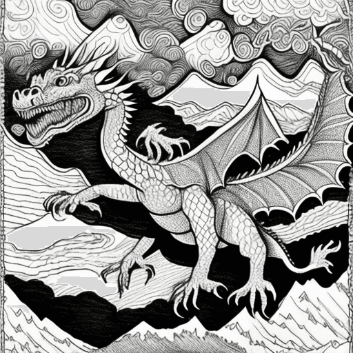 AI generated: high details coloring page for a coloring book. This is of a dragon flying over mountains. 