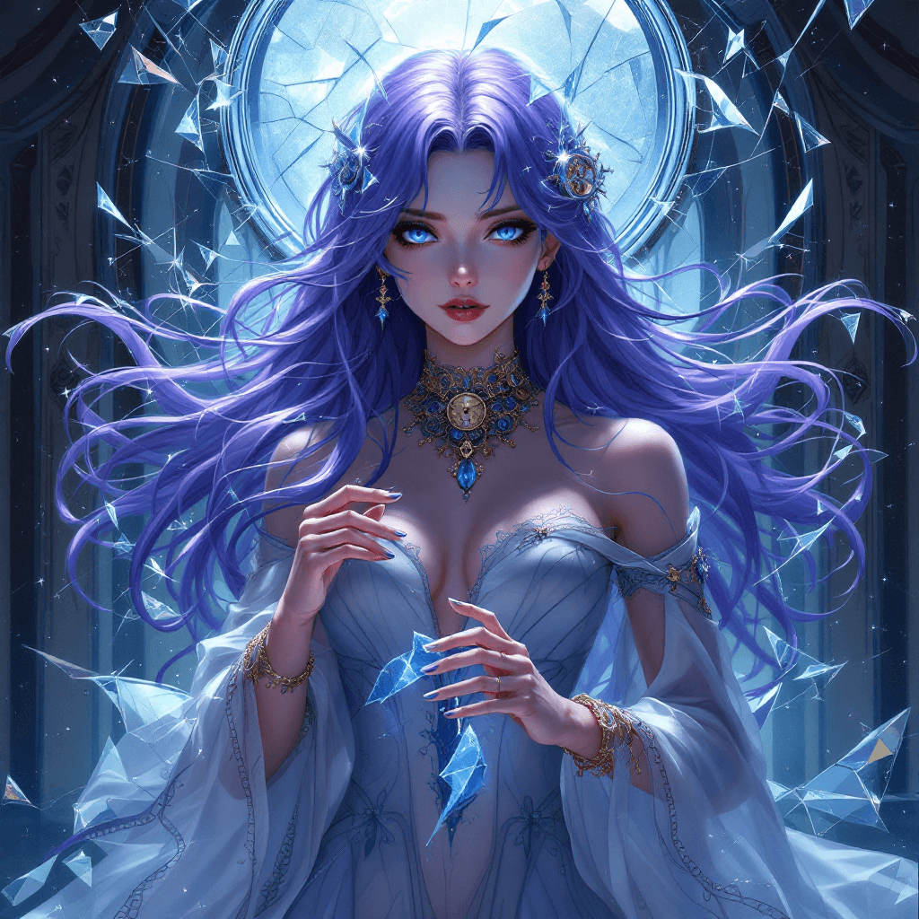 AI generated: 40. The Chronomancer of the Shattered Mirror: A mysterious character with long, flowing, violet hair...