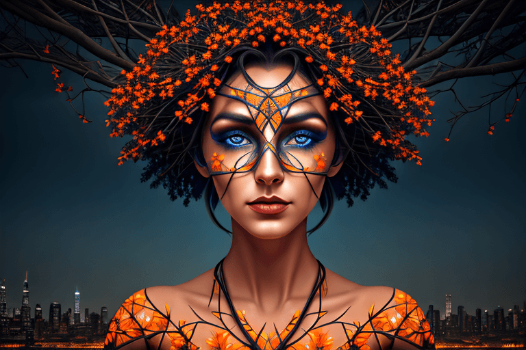AI generated: digital artwork featuring a woman's head intertwined with full of branches, blending urban surrealis...