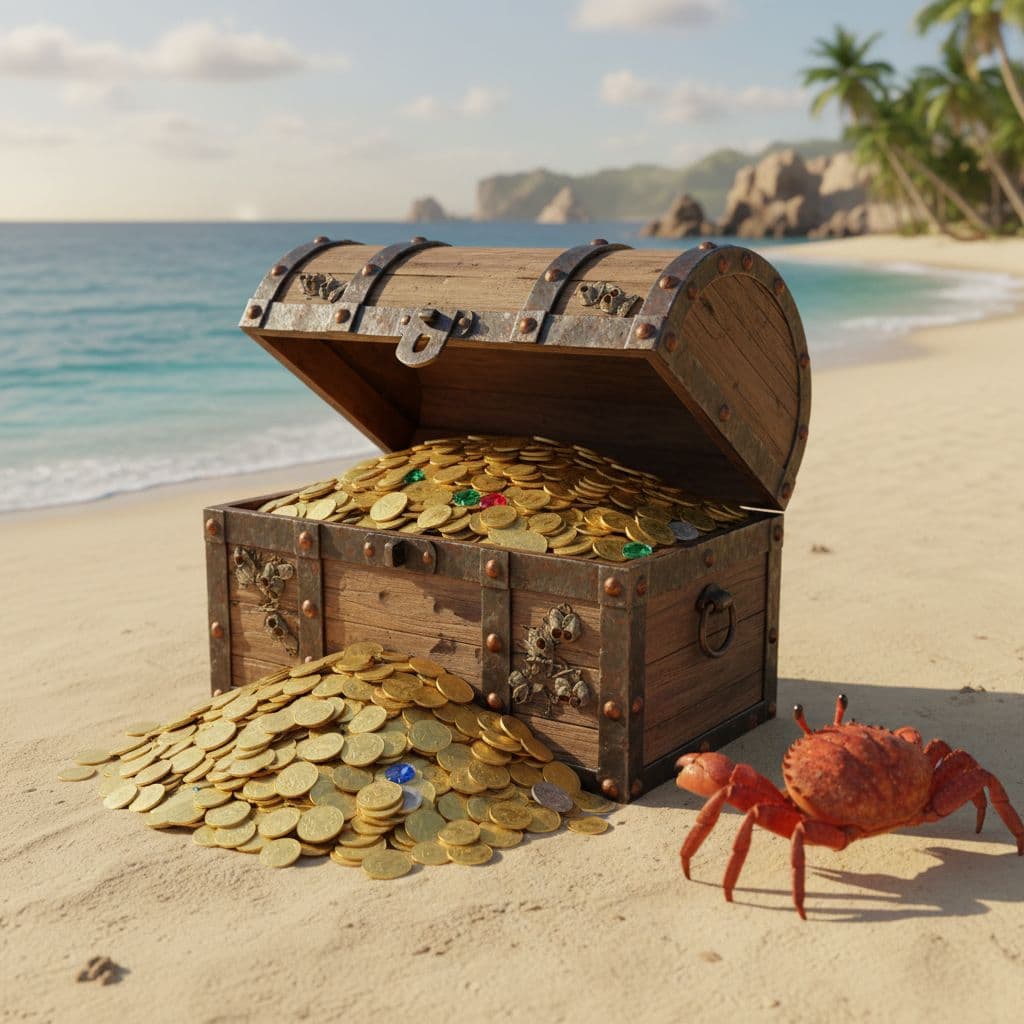 AI generated: old pirate chest, lid open, inside a mountain of gold coins, sandy beach, palm trees and coastline v...