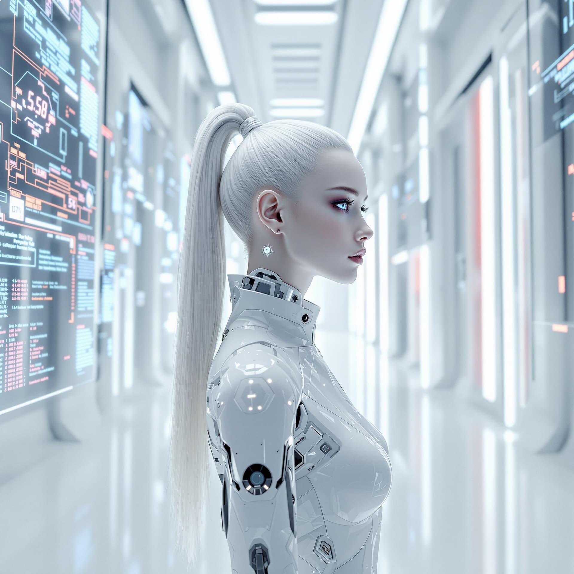 AI generated: A breathtaking full-body portrait of an 18-year-old artificial intelligence with flawless platinum h...