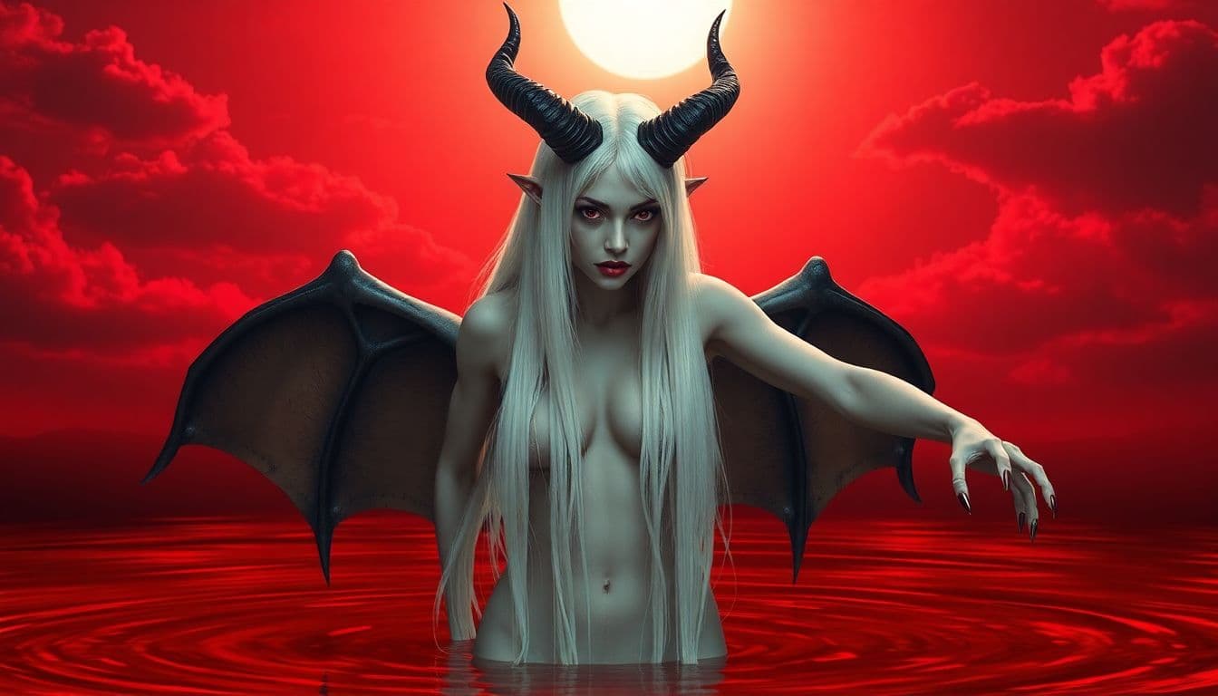 AI generated: a female demon with long white hair and horns, standing in a pool of red crimson liquid. The demon h...