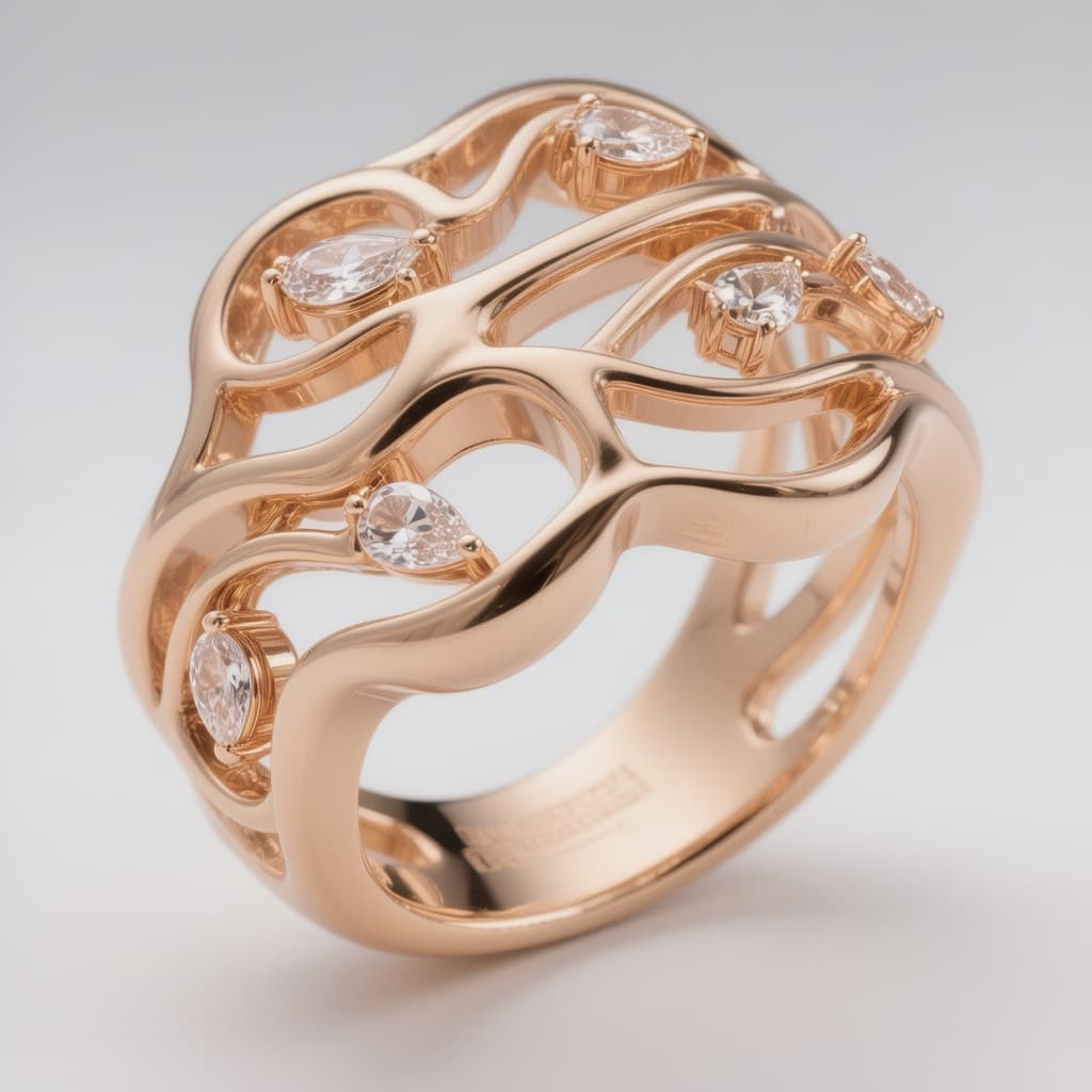 AI generated: Luxury contemporary fine jewelry ring design featuring a fluid openwork silhouette composed of elega...
