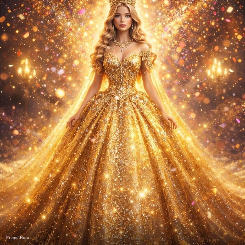 AI generated: Lush beauty woman in gorgeous shiny golden dress, sparkles flying around the fabric, confetti explos...