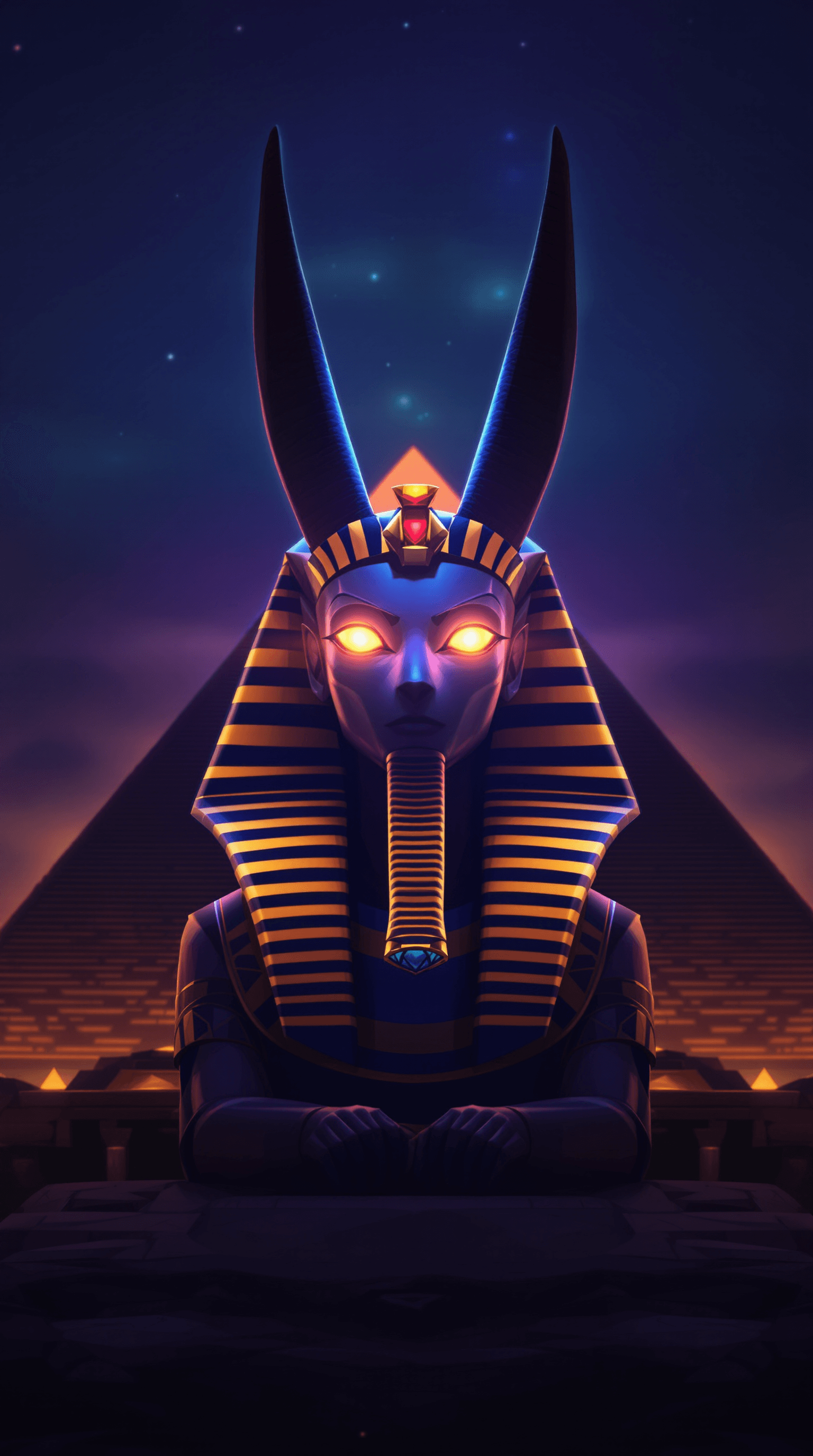 AI generated: anubis god egypt, background pyramid, glowing eyes 