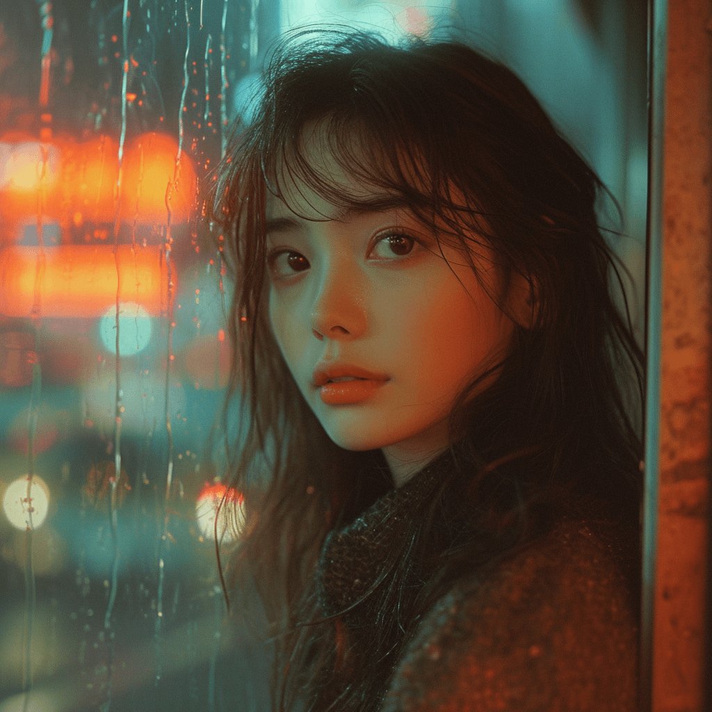 AI generated: a girl is posing while looking out a window, in the style of japanese photography, dark cyan and ora...
