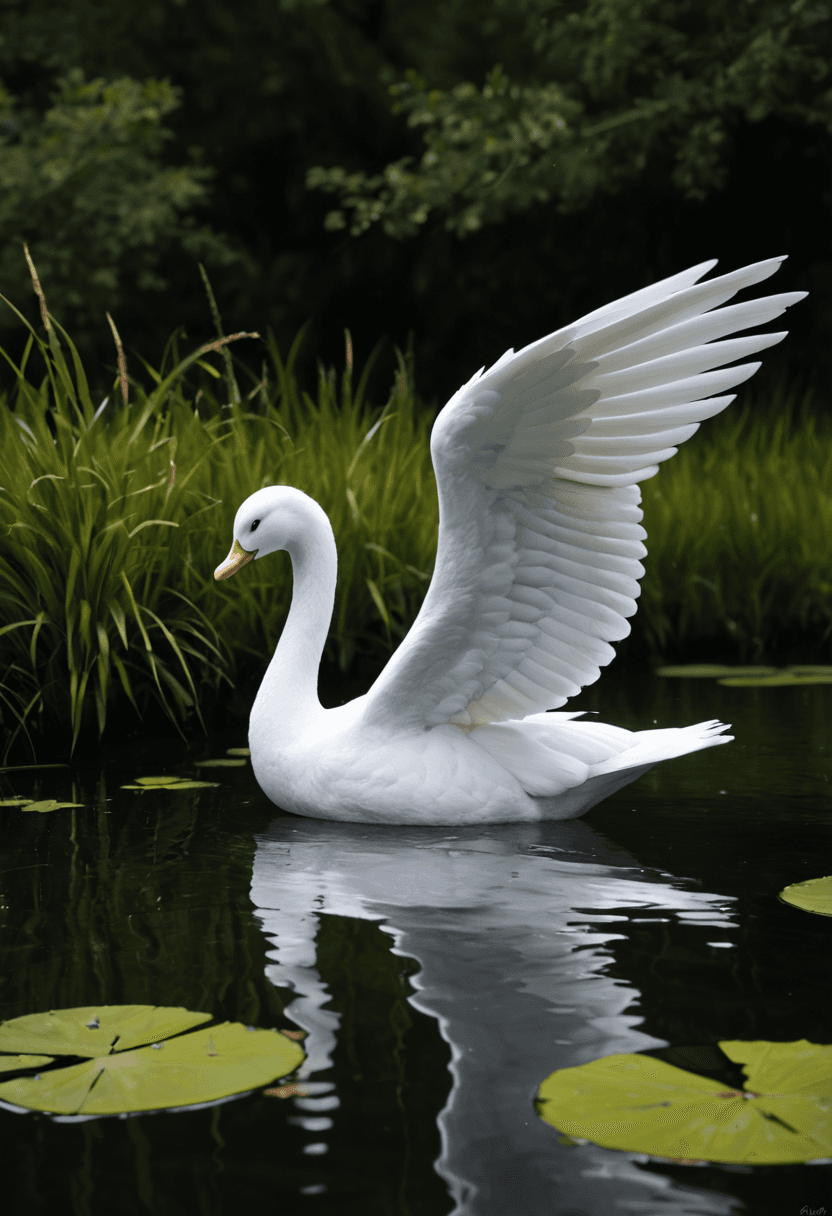 AI generated: realistic,highres,beautiful swan,wings spread,on pond