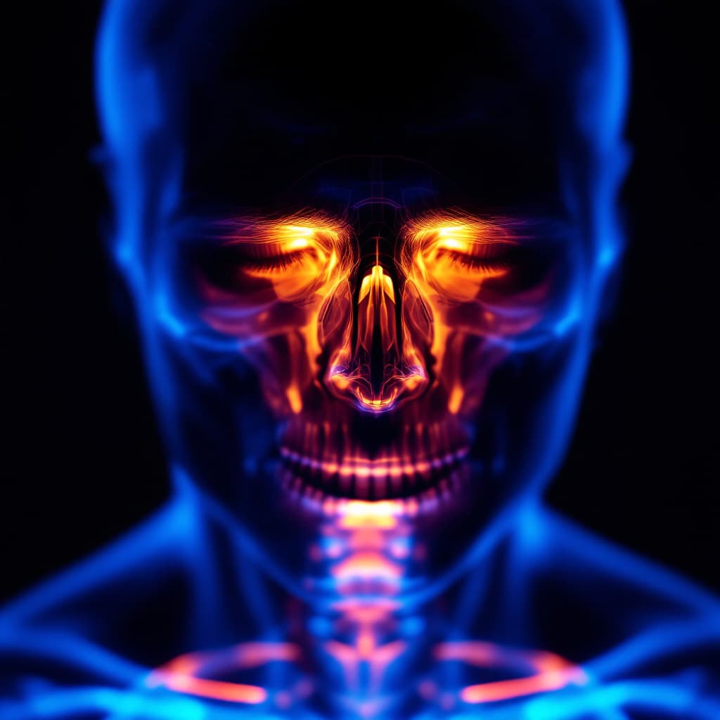 AI generated: blue x-ray, man face, gaze, black background, cyan color bone, mechanical, anatomy --ar 9:16 --style...