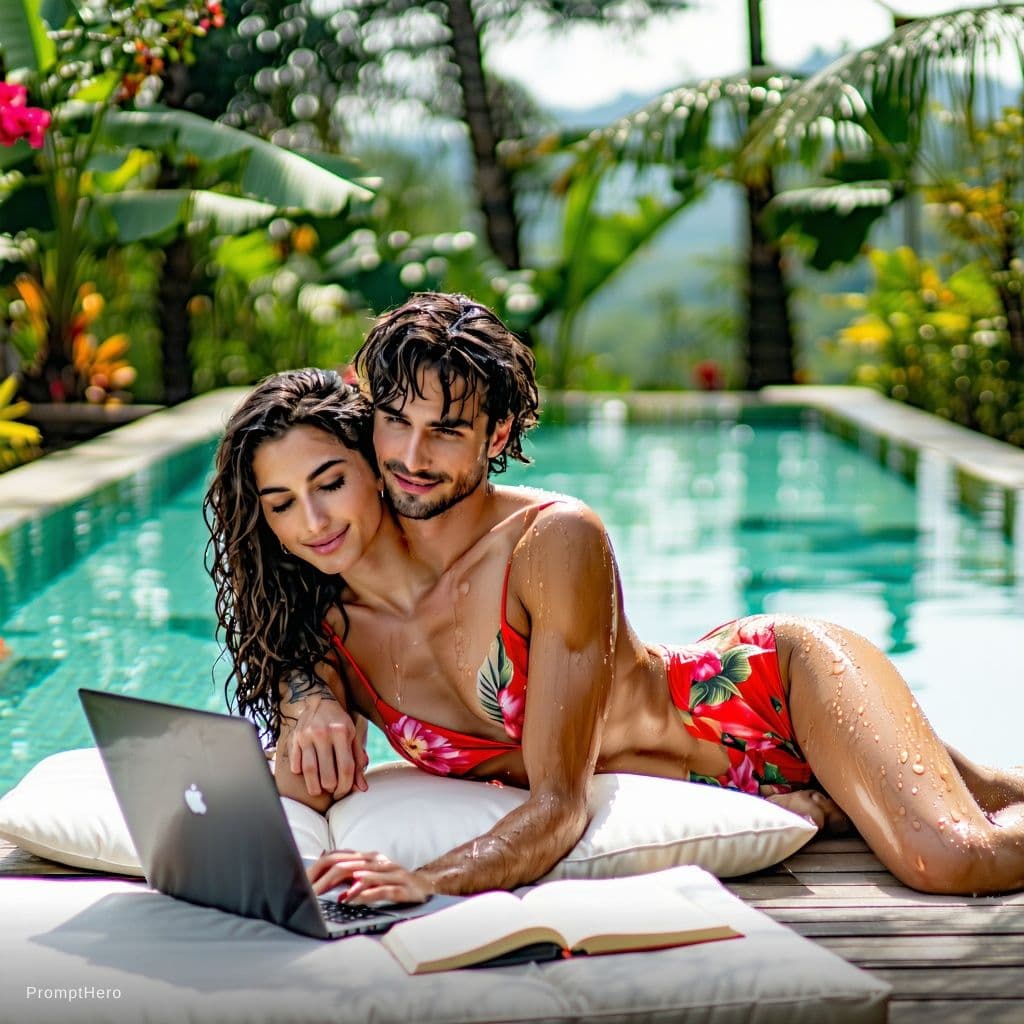 AI generated: A sexy beautiful Indian couple relaxing by a luxurious outdoor swimming pool surrounded by lush trop...