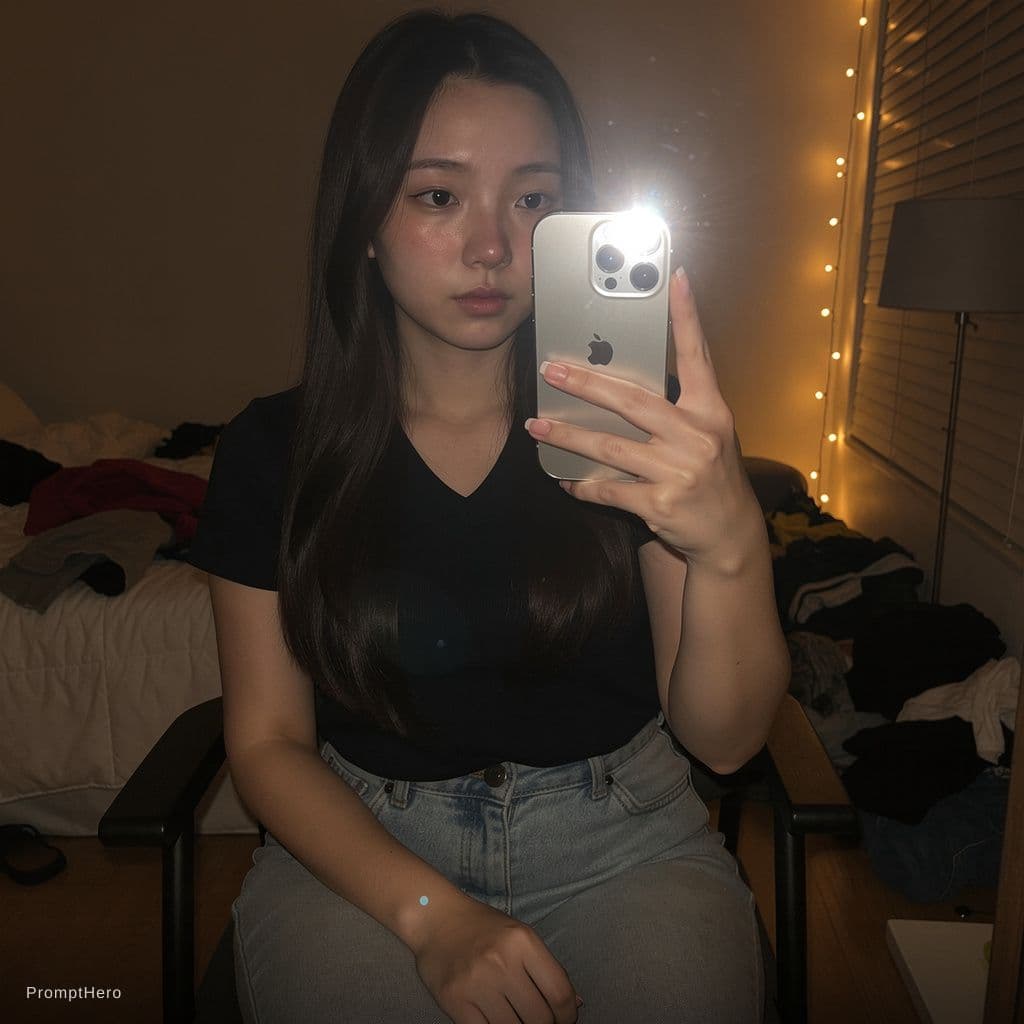 AI generated: Ultra-realistic selfie in the mirror, full-body photo, taken with an iPhone 13 Pro held in the right...