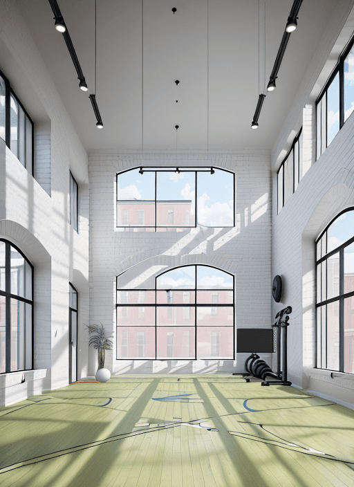 AI generated: High-resolution photography of interior design, of a gym inside a building with surrounding apartmen...