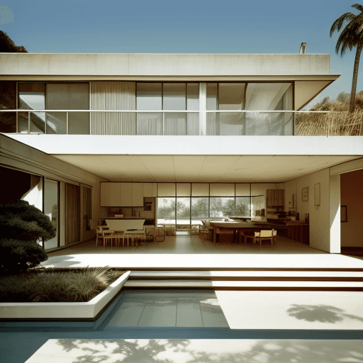 AI generated: draw a picture to put on a t-shirt eye level exterior photo of a mid century modern style house over...