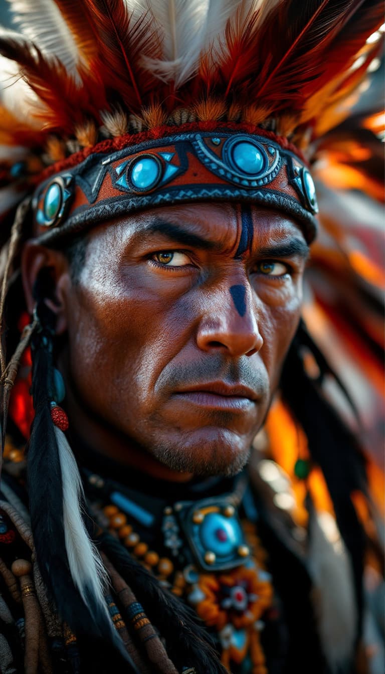 AI generated: cinematic image features a mid shot  of a man with a strong, intense expression. He is adorned in tr...