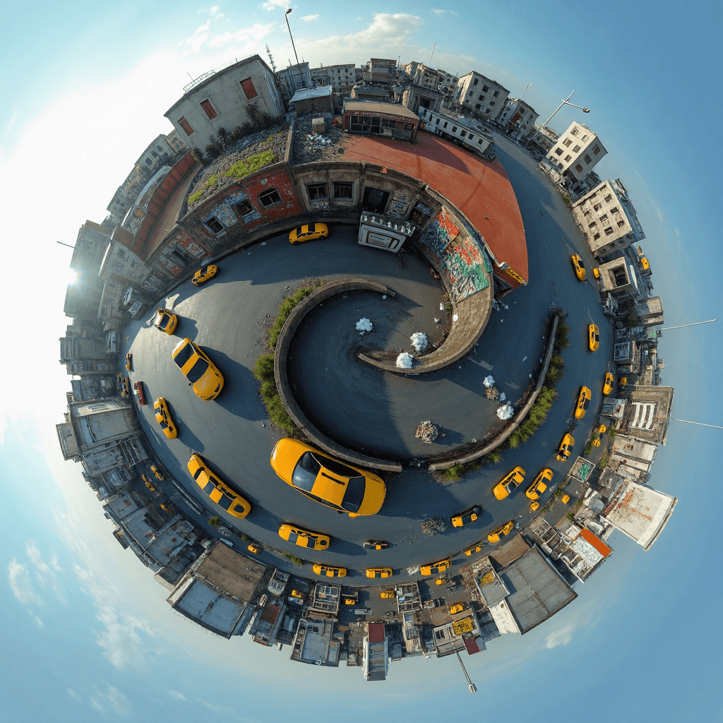 AI generated: A small spherical planet floats mid-air, with a dense urban neighborhood covering its surface. Taxi ...