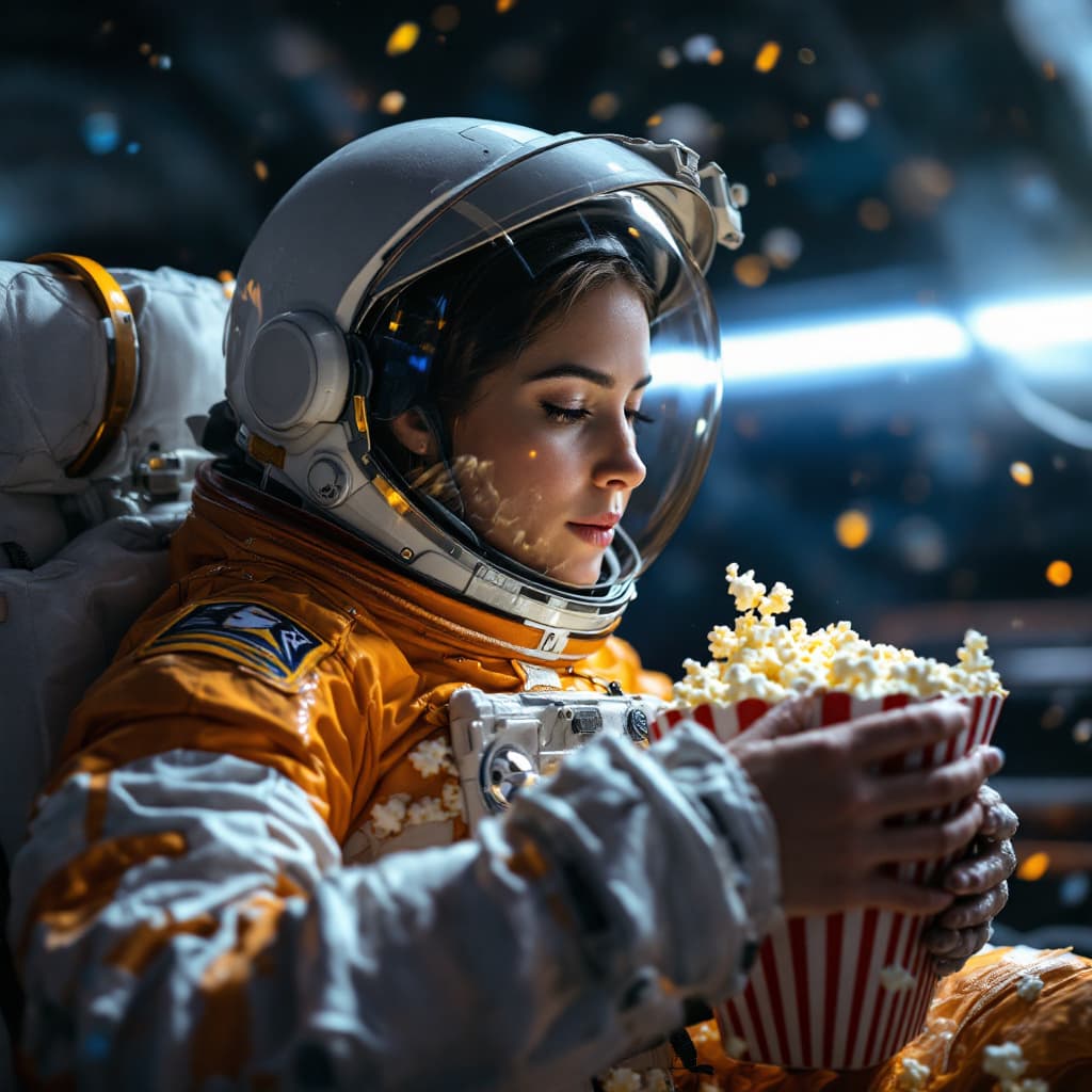 AI generated: female Astronaut eating popcorn in spaceship