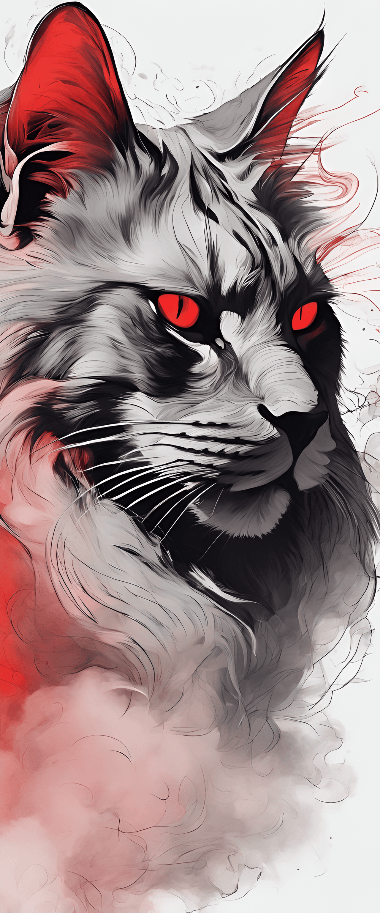AI generated: portrait of a large cat covered in cloud of smoke, whirlwind, red highlight colors, black fur, majes...