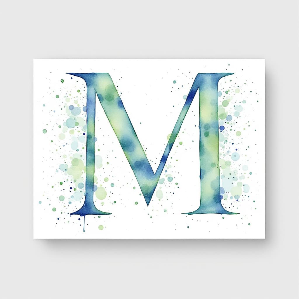 AI generated: Letter “M” watercolor splashed full page with a dynamic movement, pastel soft colors of green and bl...
