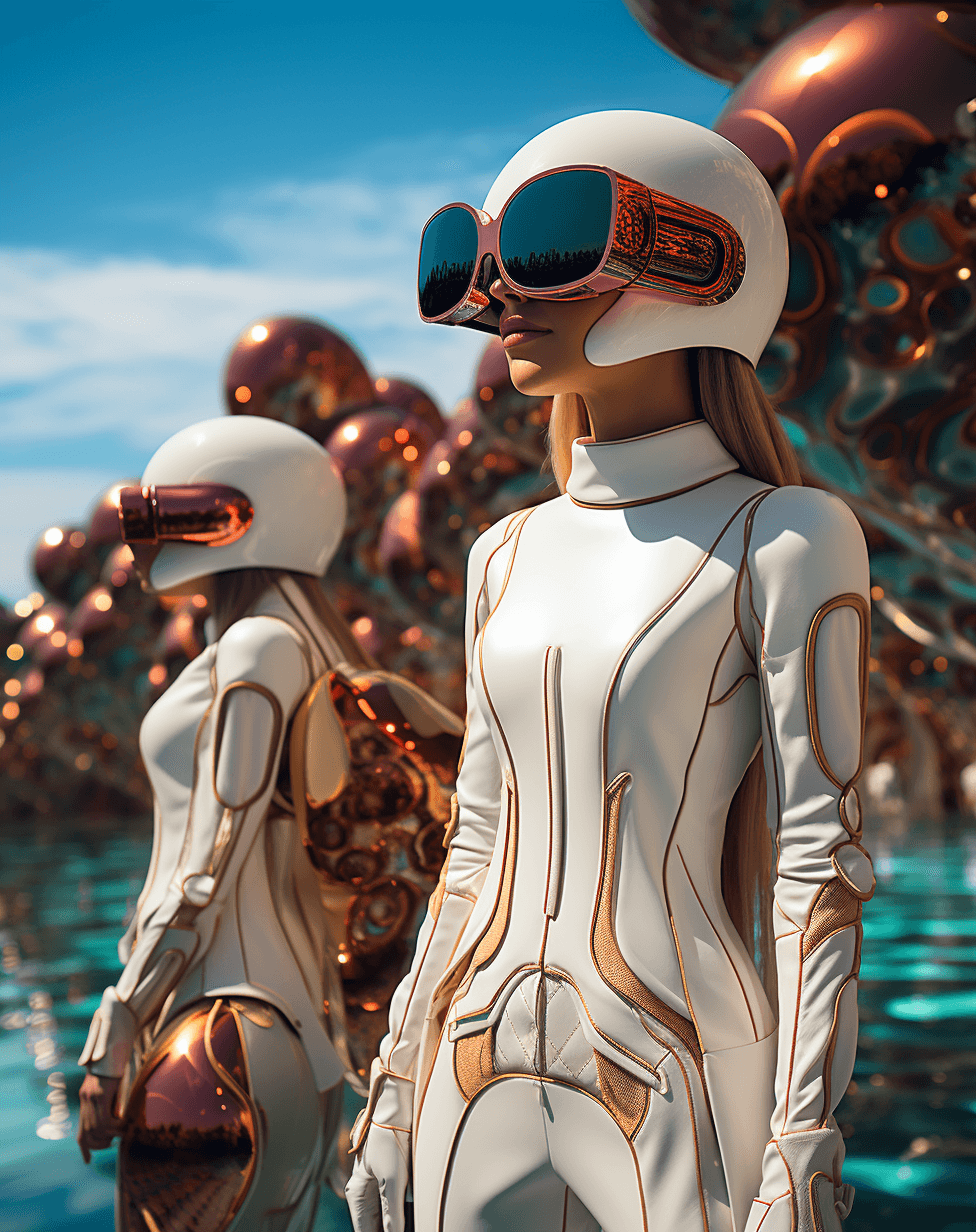 AI generated: beck tyler ad woman in a white outfit standing near a turquoise water, in the style of colorful futu...